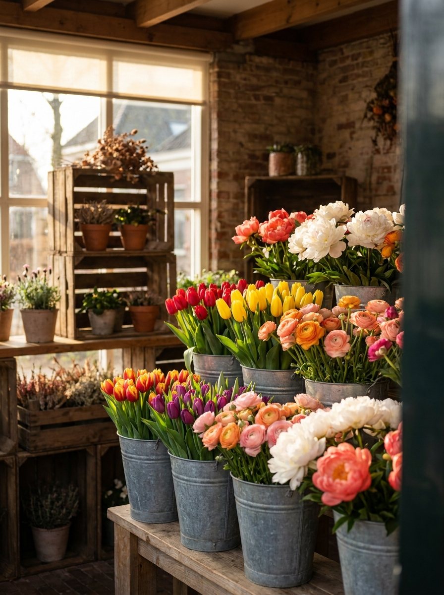 Sfeervolle bloemenkraam vol zinken emmers met verse tulpen, ranonkels en pioenrozen